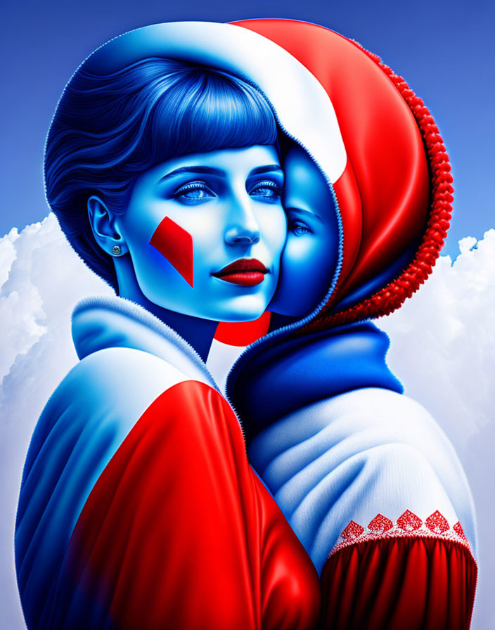 Surreal artwork: Woman with mirrored face in vibrant blue and red hues