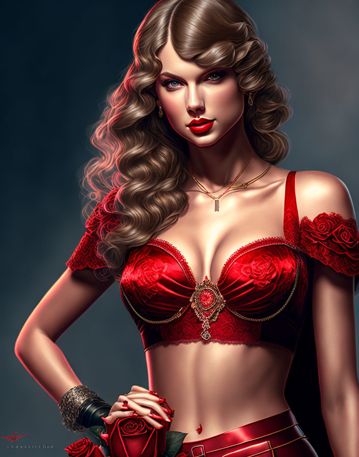 Curly-haired woman in red top holding rose on dark background