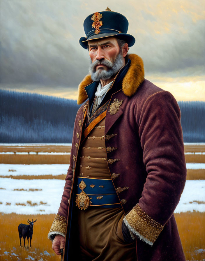 Vintage military uniform man with medals and fur collar in field with bison under dramatic sky