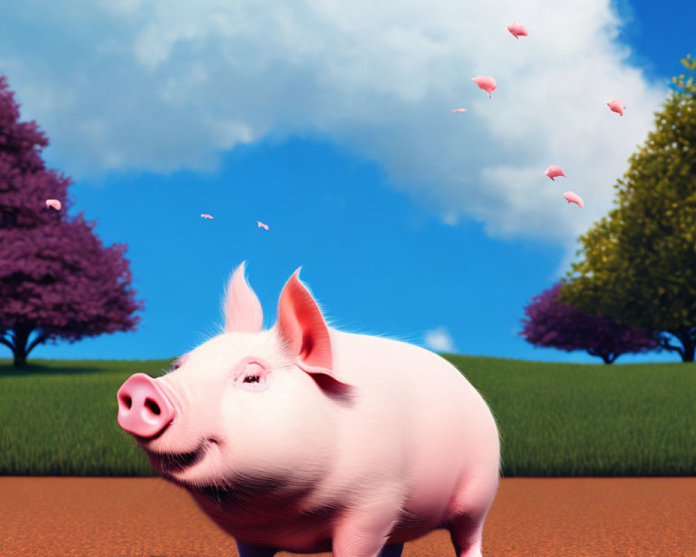 Smiling cartoon pig on dirt path with blooming trees and blue sky