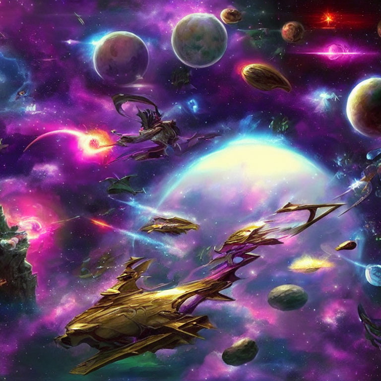 Colorful Cosmic Scene with Golden Spaceship and Planets
