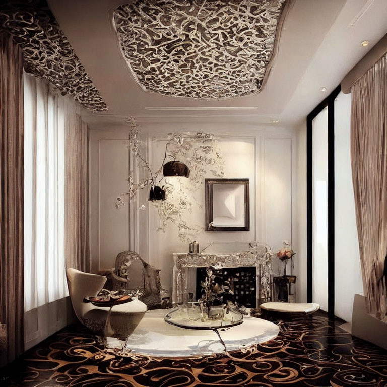 Luxurious Room with Ornate Ceiling, Modern Furniture, Circular Glass Table, Plush Carpet, and