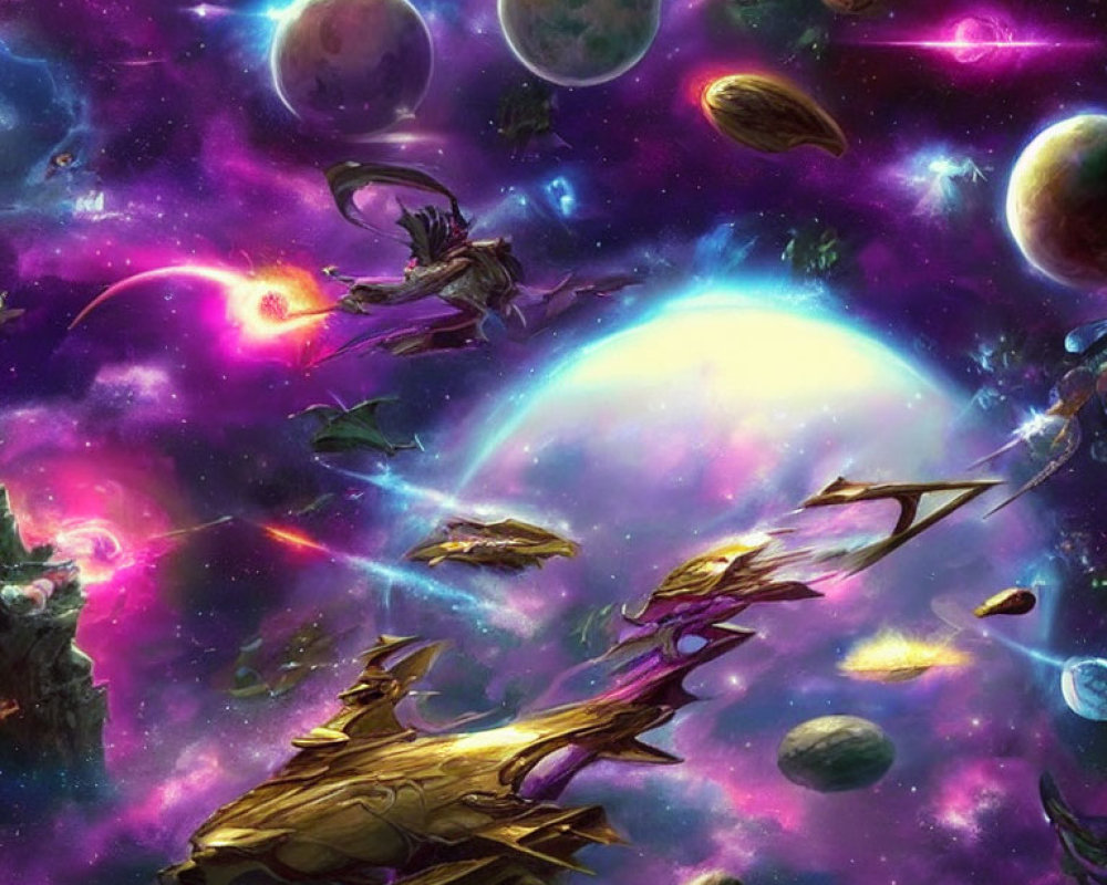 Colorful Cosmic Scene with Golden Spaceship and Planets