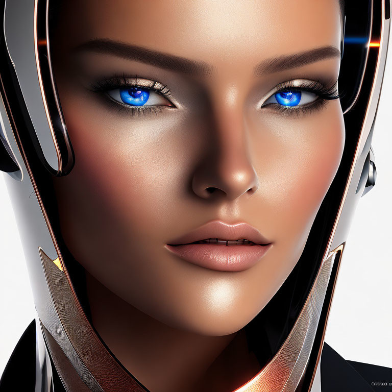 Close-up of female face with striking blue eyes and sleek futuristic helmet framing features.