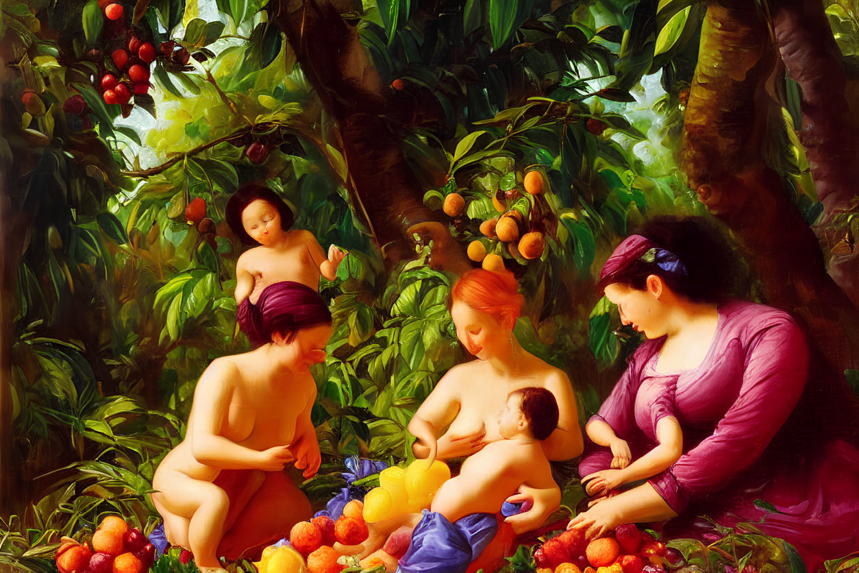 Vibrant painting of women and children in lush greenery with scattered fruit