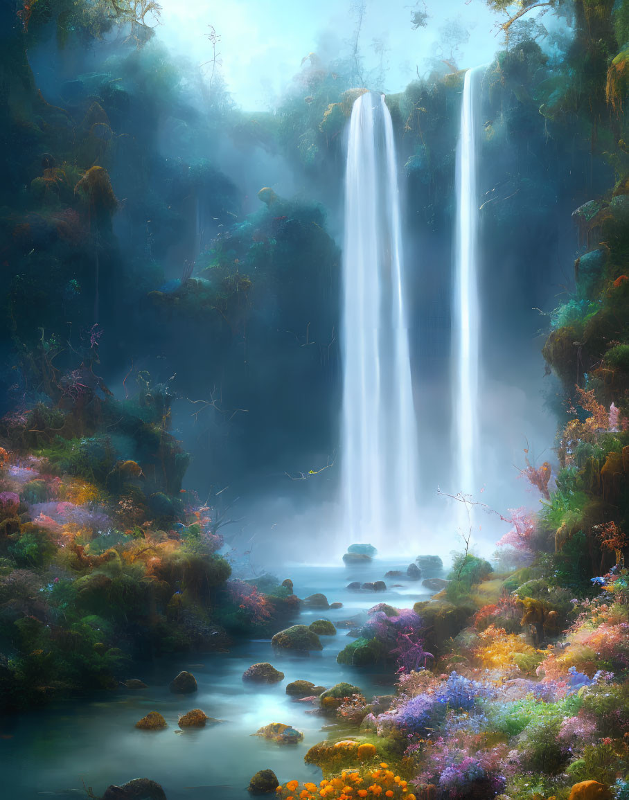 Tranquil waterfall in lush, mystical forest