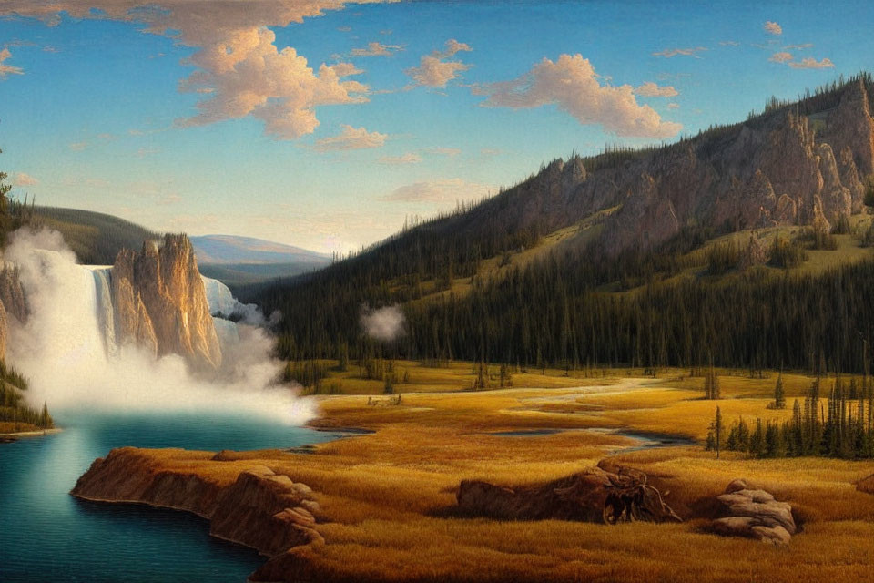 Tranquil landscape with waterfall, river, meadows, and mountains