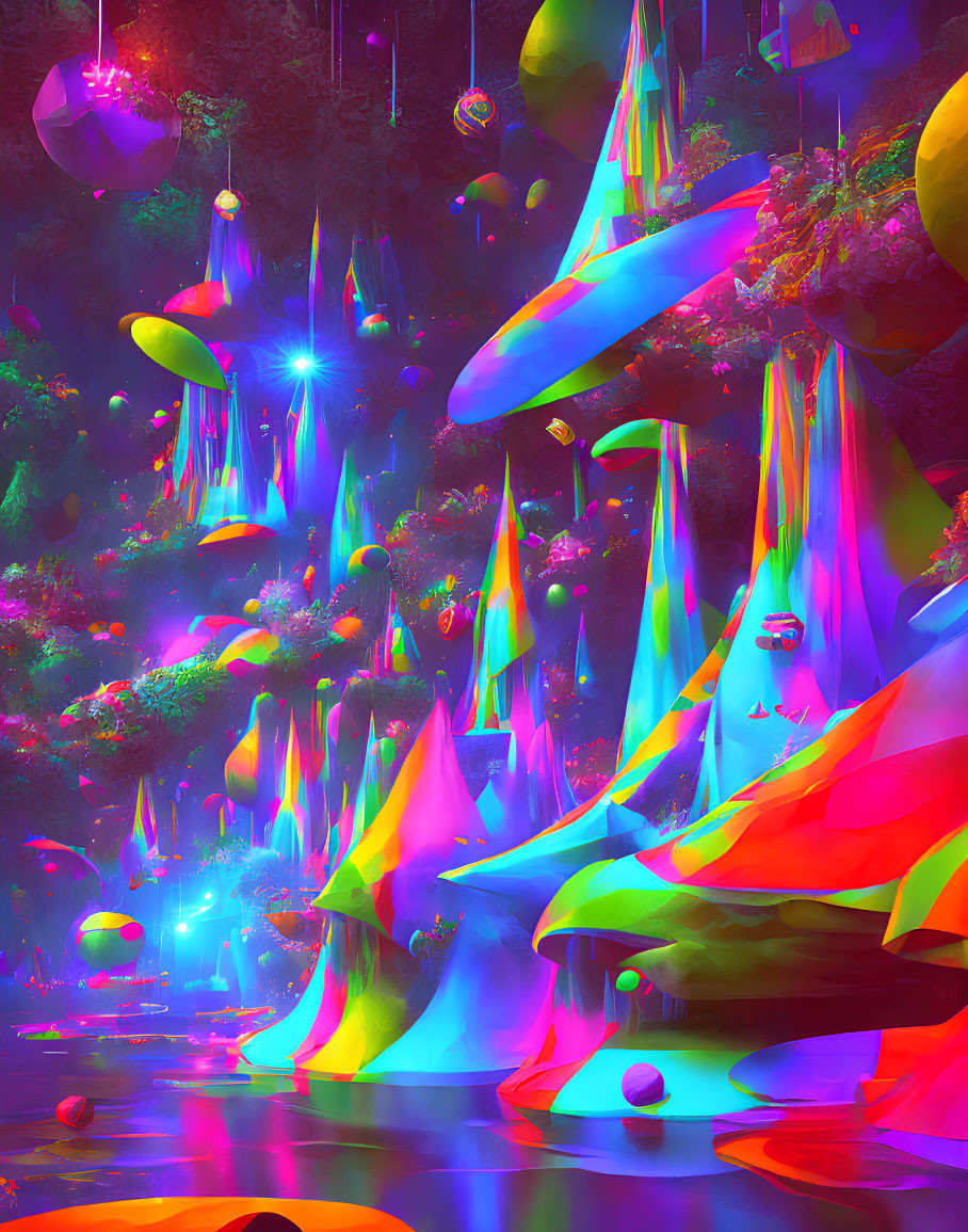 Luminous plants, majestic mountains in vibrant alien landscape