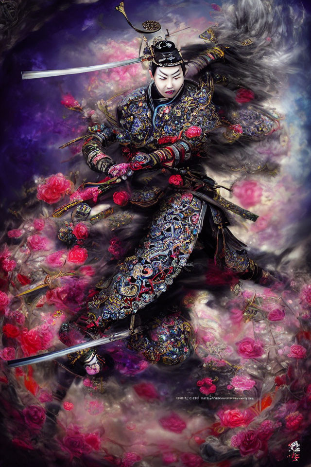 Warrior in intricate armor surrounded by colorful flowers and holding a sword