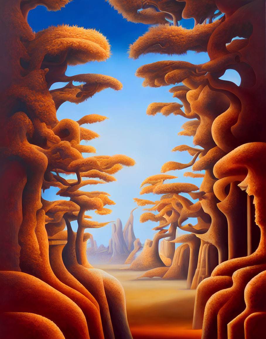 Surrealist landscape: towering orange trees, path to distant mountains.