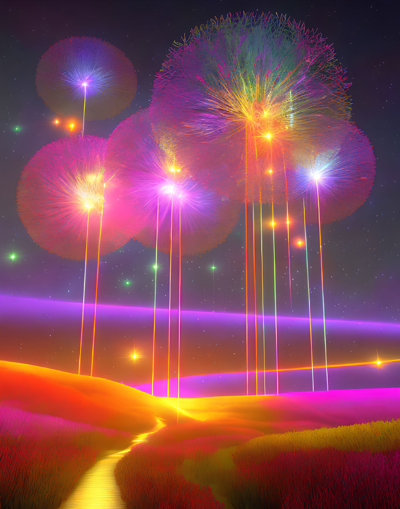 Colorful digital artwork: Otherworldly landscape with glowing dandelion-like structures