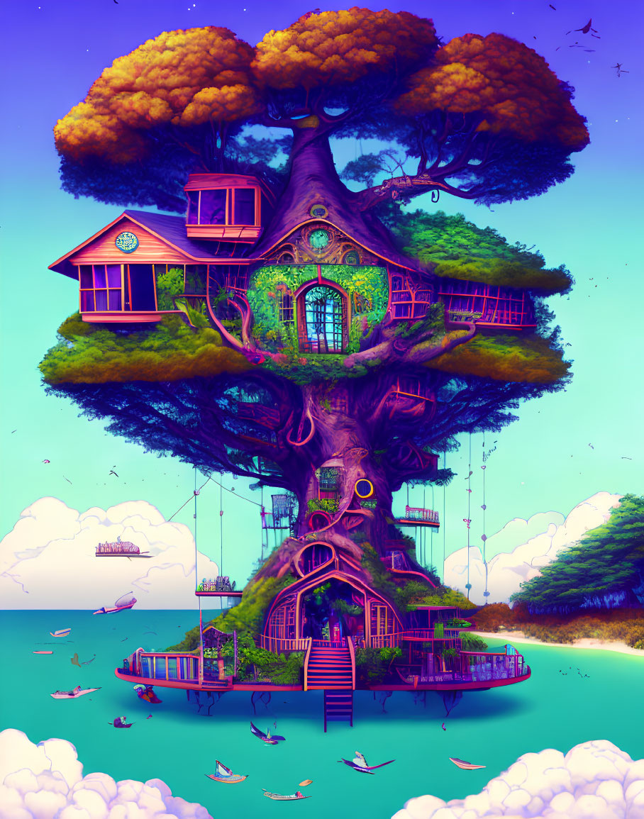Whimsical treehouse surrounded by floating islands