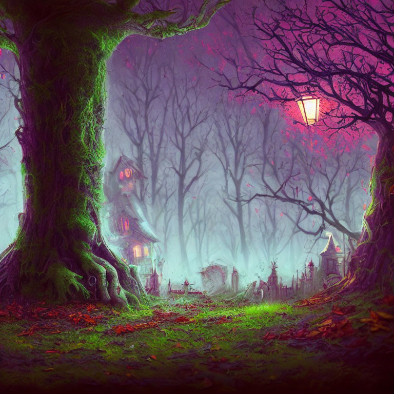 Enchanting forest with moss, treehouses, lanterns, and purple haze