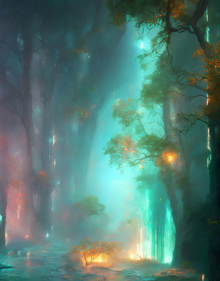 Mystical forest scene with towering trees and serene water pool