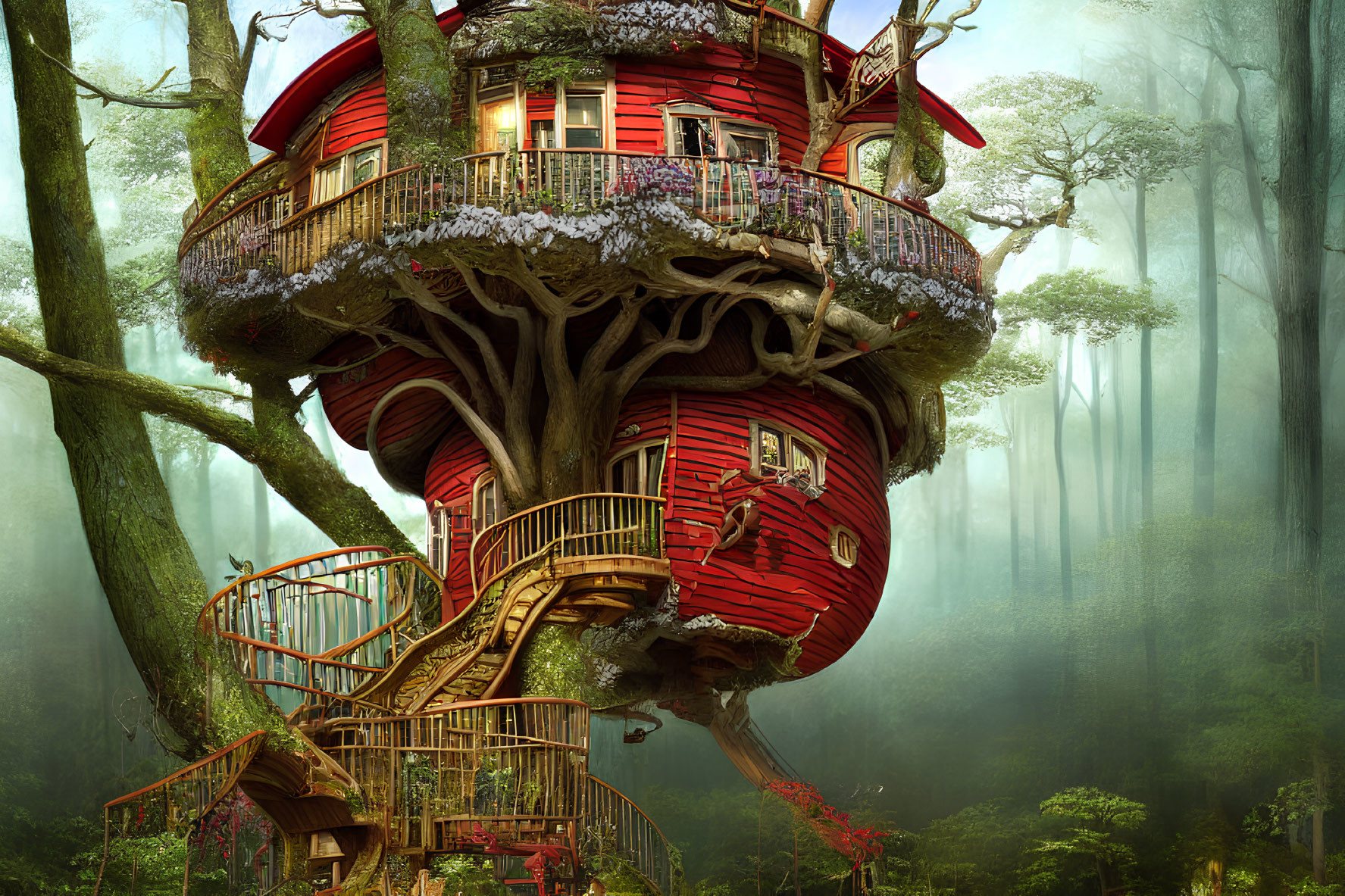 Red Treehouse with White-Trimmed Windows in Ancient Tree