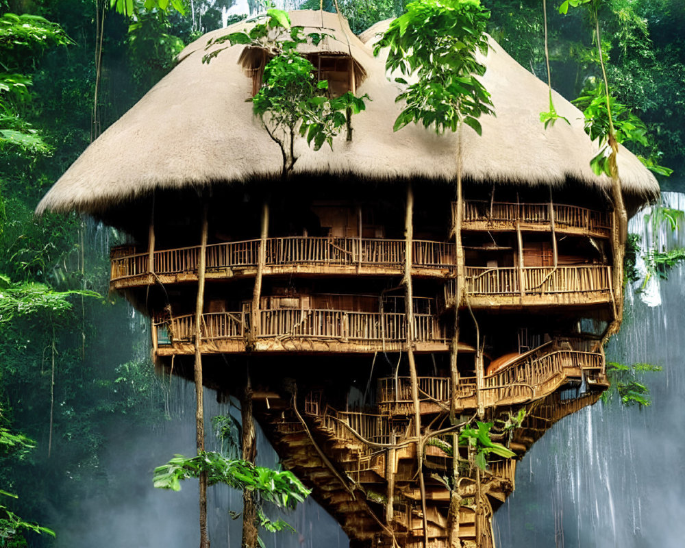Thatched-Roof Treehouse with Wooden Staircase in Jungle Waterfall