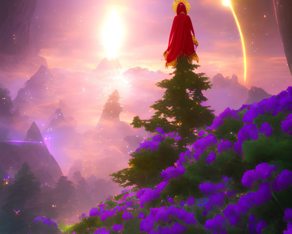 Majestic figure in red cloak and golden crown above vibrant forest & mountains