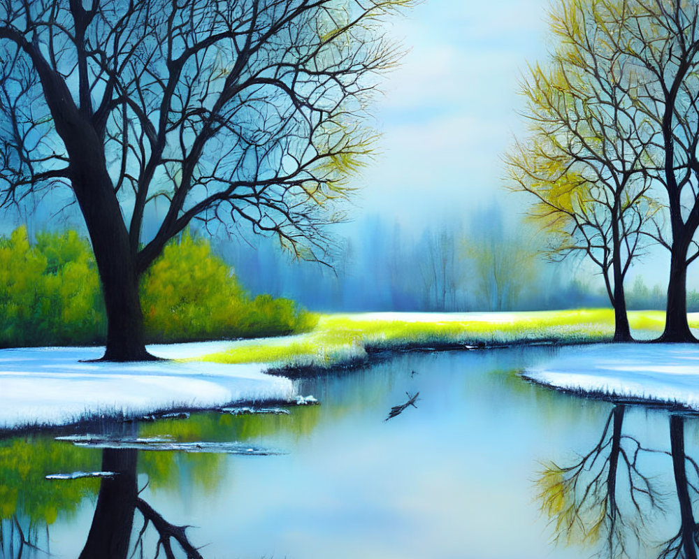 Tranquil winter landscape with reflecting trees and snowy riverbanks