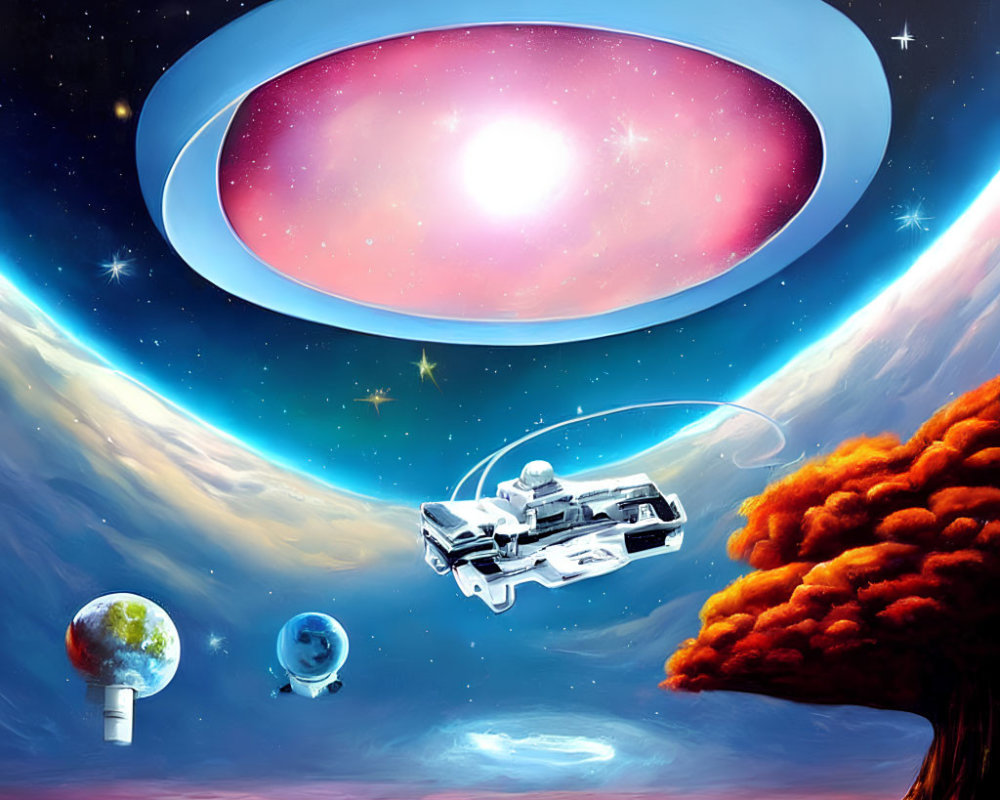 Colorful Sci-Fi Illustration: Spaceship, Planets, UFO, and Starlit Sky