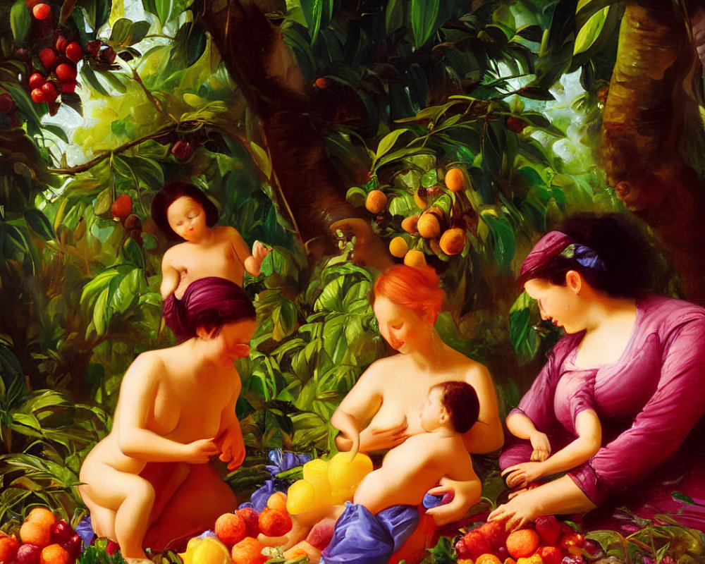 Vibrant painting of women and children in lush greenery with scattered fruit