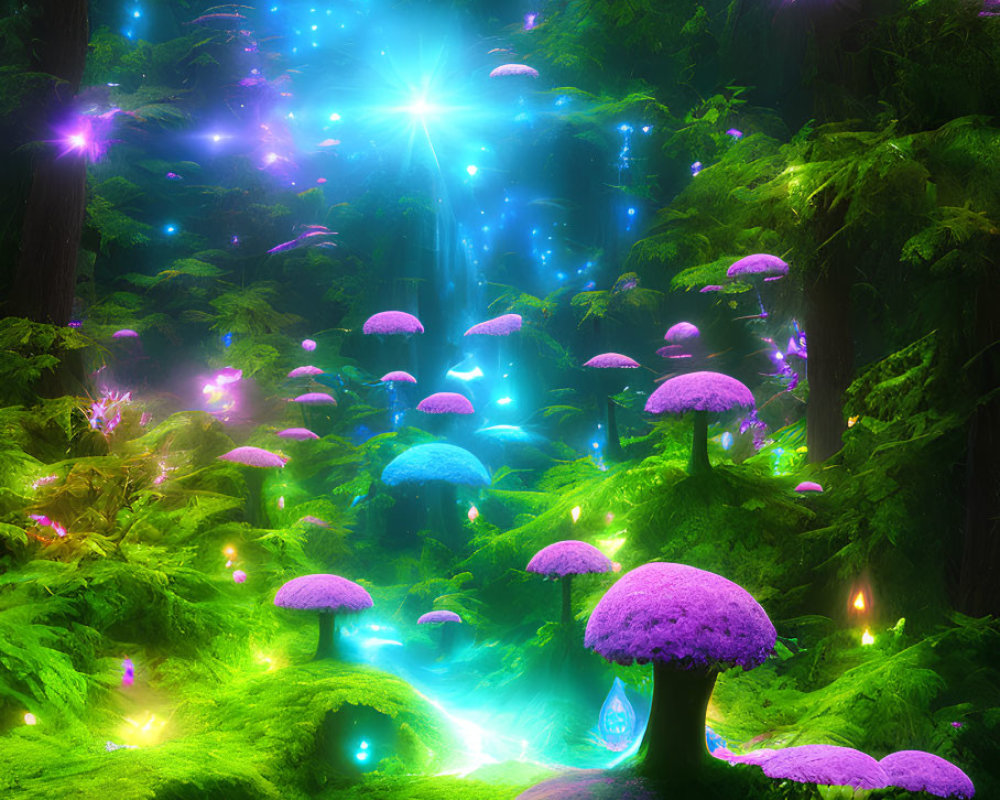Enchanting fantasy forest with glowing mushrooms and sparkling lights
