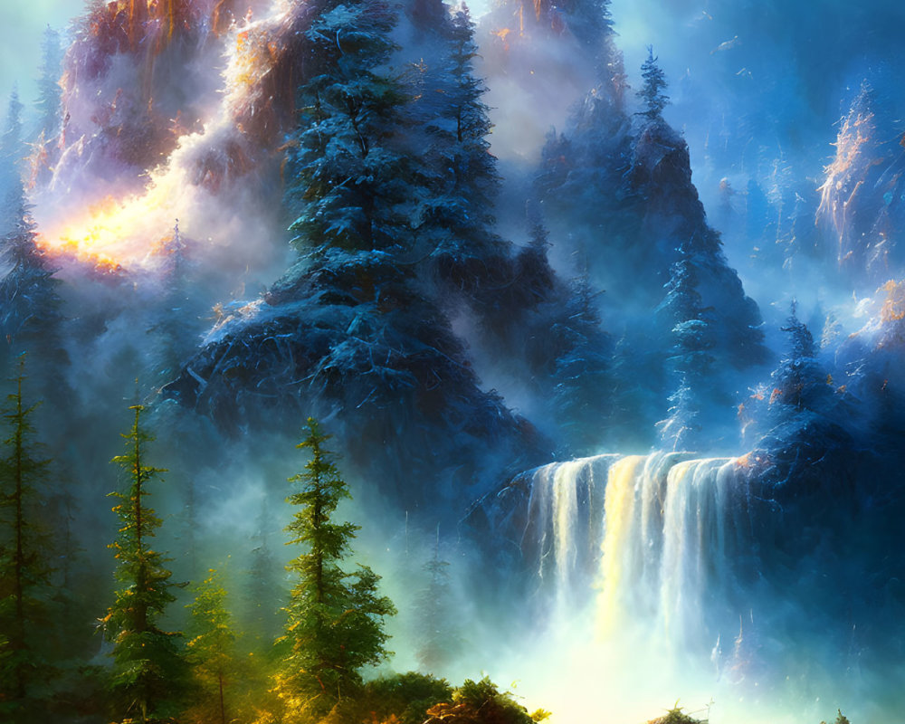 Mystical landscape painting with pine trees, waterfall, and river