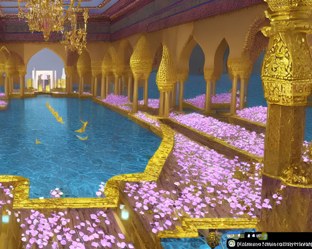 Luxurious Indoor Pool with Golden Pillars and Chandeliers amid Pink Petals under Starry Sky