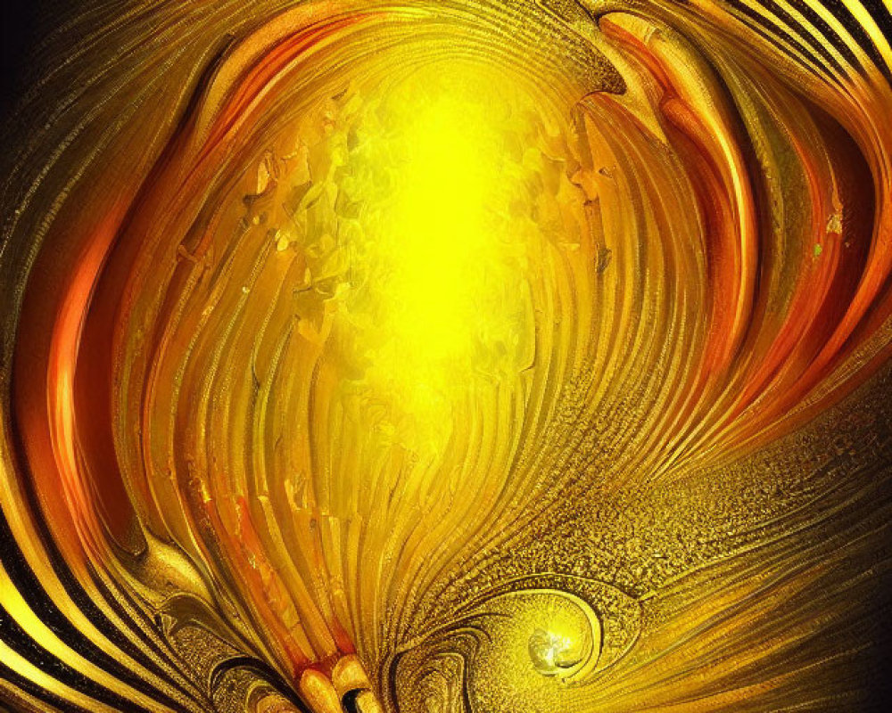 Swirling golden and black fractal art with bright yellow center
