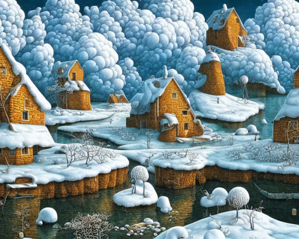 Snow-covered cottages and frozen river in wintry village scene