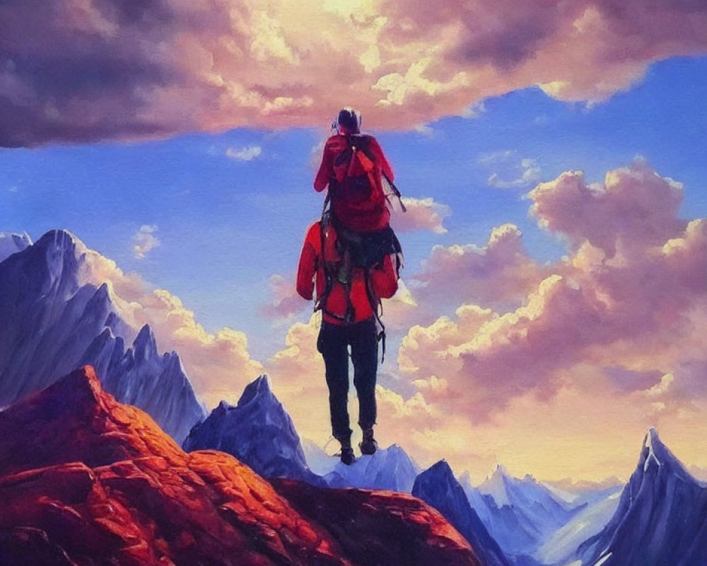 Red-clad climber on mountain summit under dramatic sky