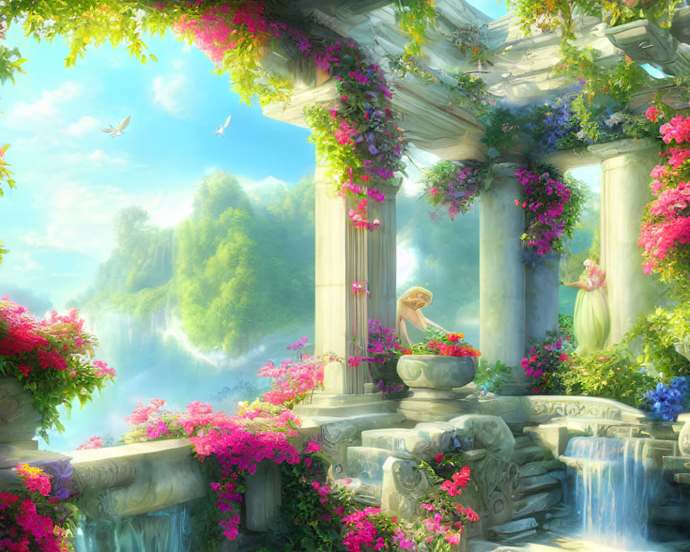 Tranquil fantasy landscape with greenery, pink flowers, waterfall, and contemplative figure