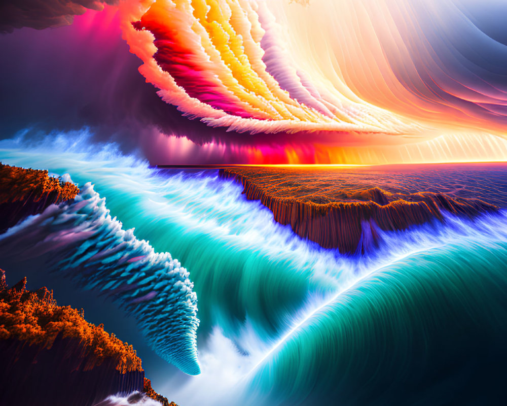 Colorful digital artwork: surreal landscape with cascading waves, vibrant sky, and autumnal trees.