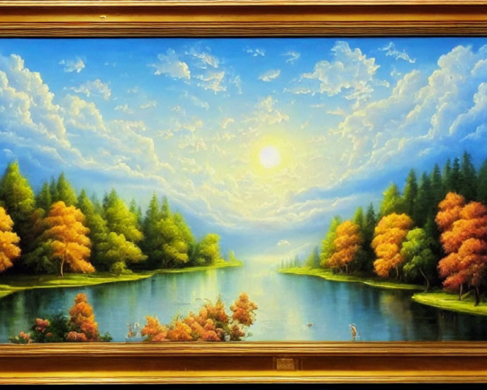 Tranquil landscape painting of calm river and autumn trees