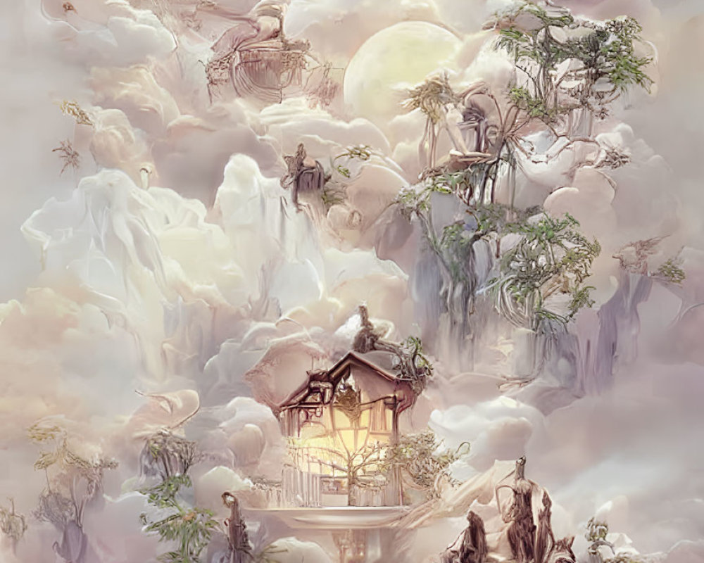 Ethereal landscape with floating islands, Asian architecture, lush trees, and yellow celestial body