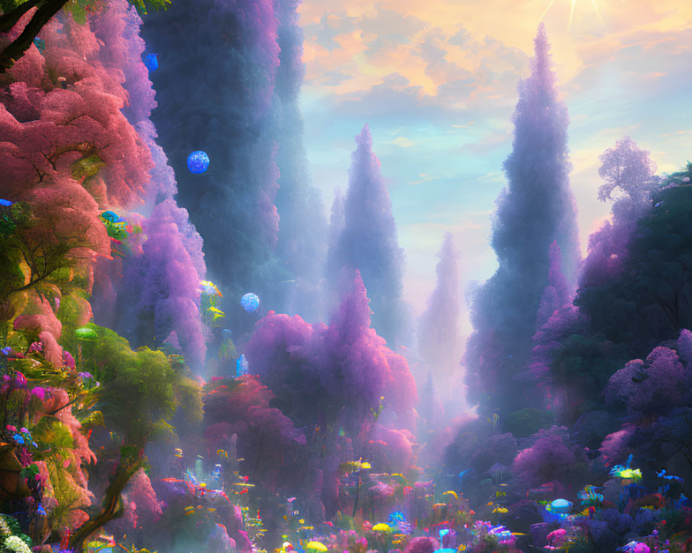 Vibrant fantasy landscape with purple trees, colorful flora, floating orbs