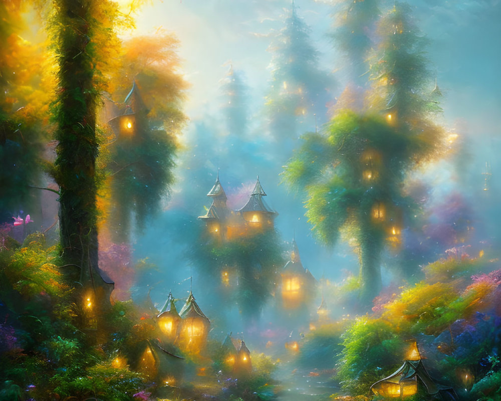 Enchanted forest scene with illuminated lanterns, colorful flowers, and a reflective creek