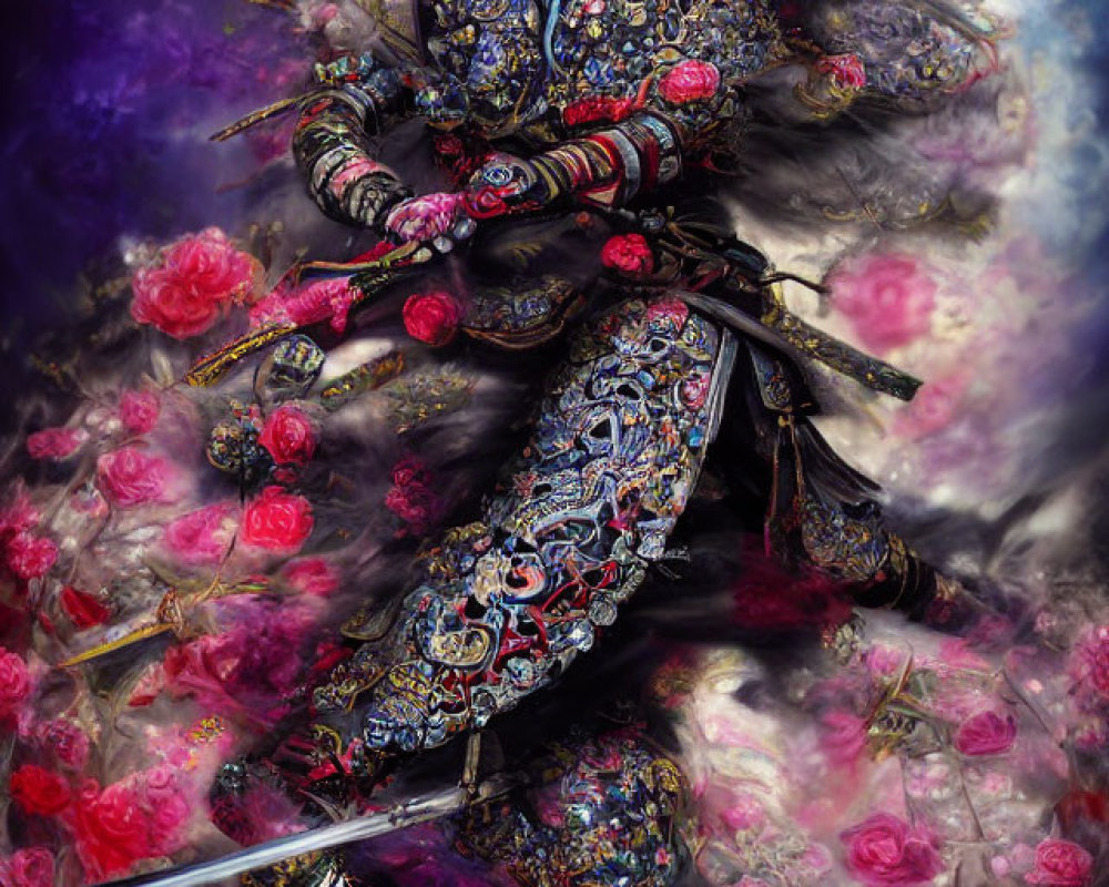 Warrior in intricate armor surrounded by colorful flowers and holding a sword