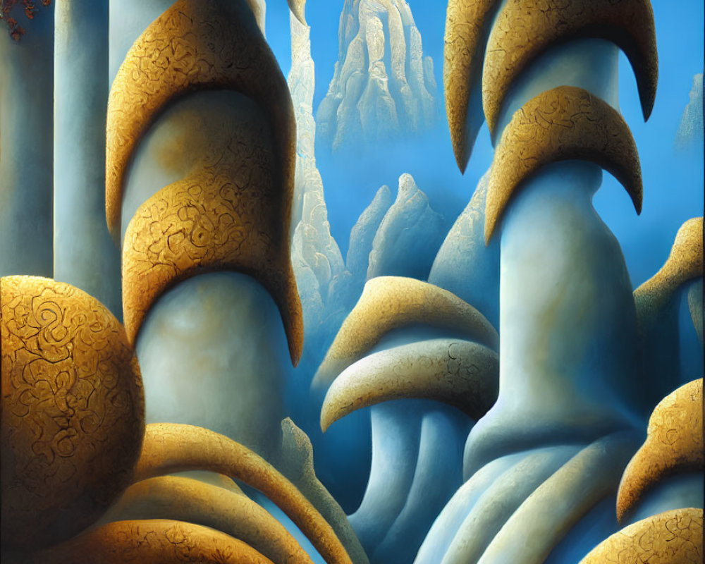 Surreal landscape with ornate mushroom-like structures under blue sky