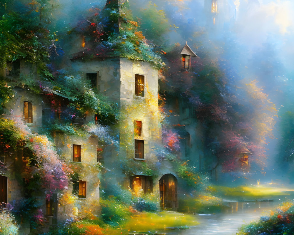 Mystical castle in lush setting with serene river