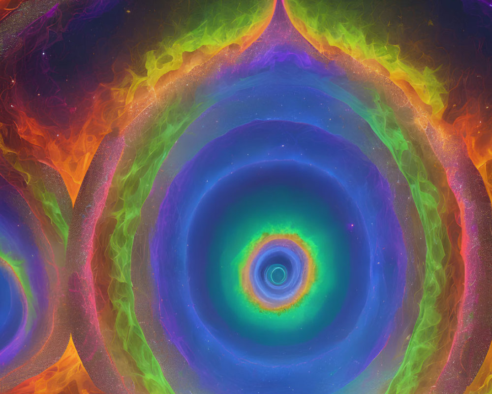 Symmetrical blue spiral surrounded by colorful flames on digital fractal art