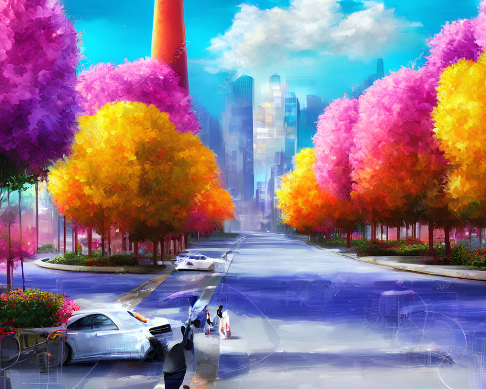 Multicolored Trees and Busy Street Scene with Skyscrapers