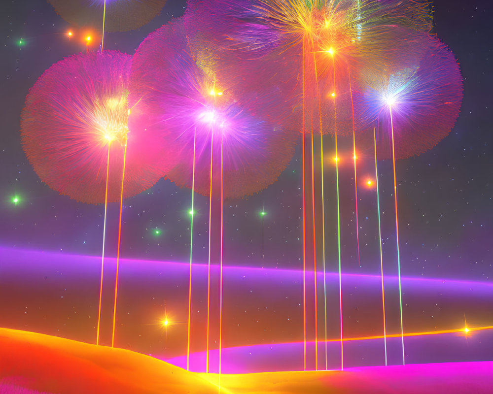 Colorful digital artwork: Otherworldly landscape with glowing dandelion-like structures