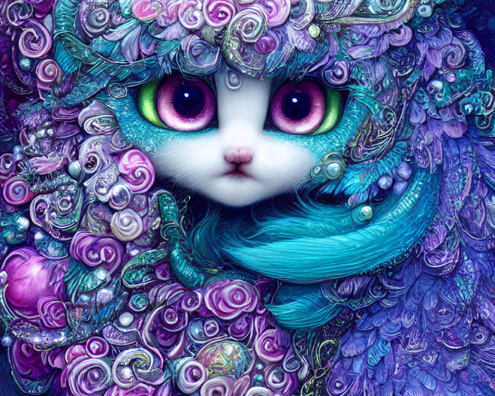 Fantastical creature illustration with expressive eyes and floral patterns