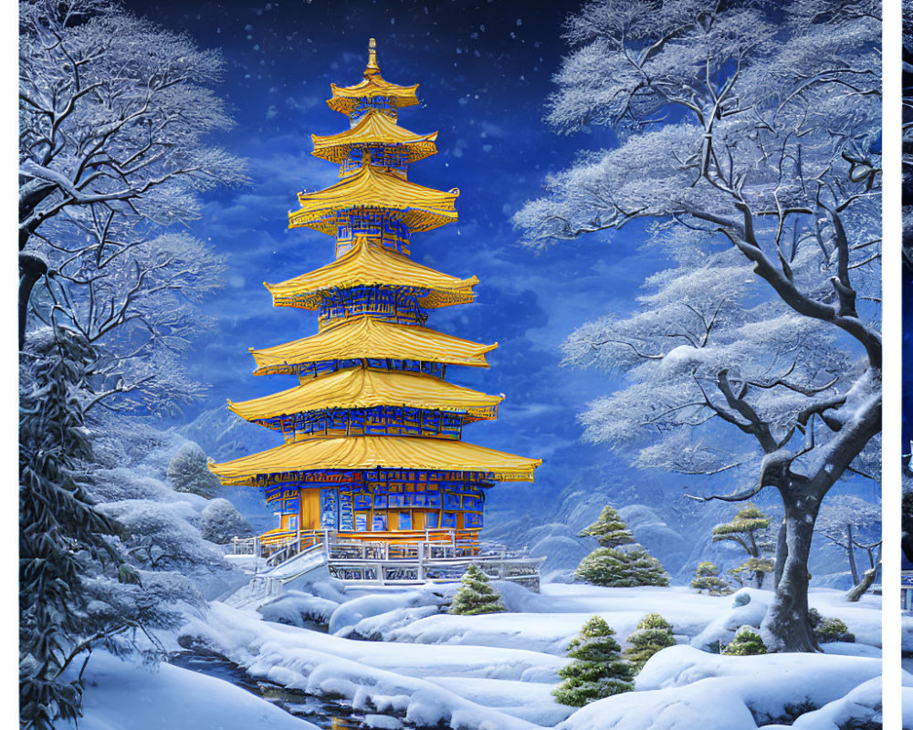 Golden Pagoda Surrounded by Snow-Covered Trees at Night