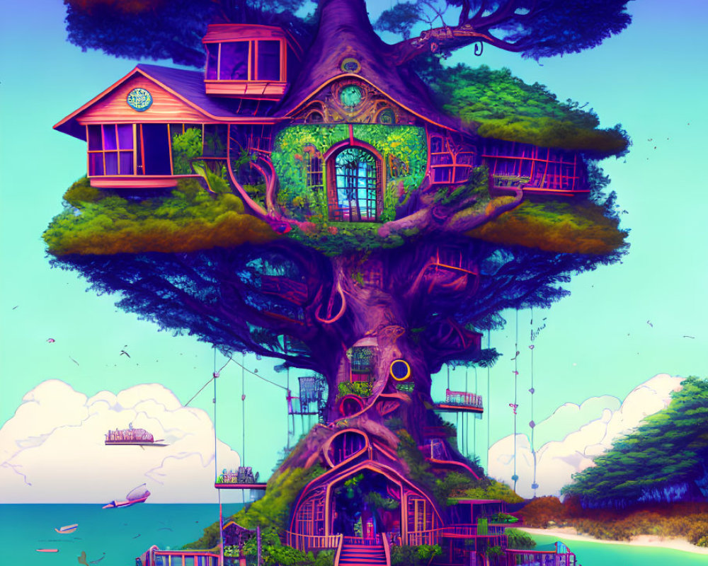 Whimsical treehouse surrounded by floating islands