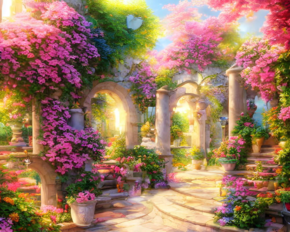 Blooming pink flowers on garden pathway with sunlight and heart-shaped stone.