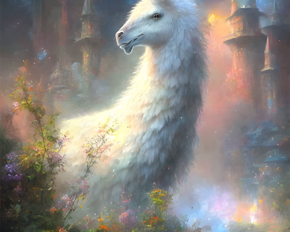 White llama in mystical castle landscape with vibrant flora