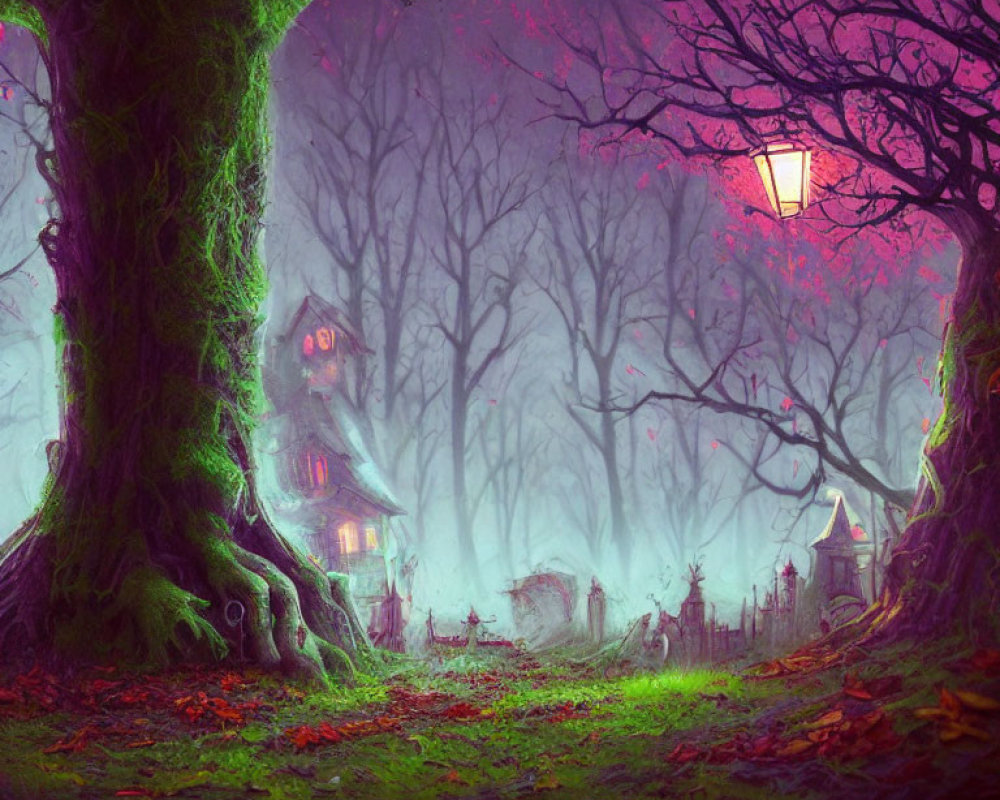 Enchanting forest with moss, treehouses, lanterns, and purple haze