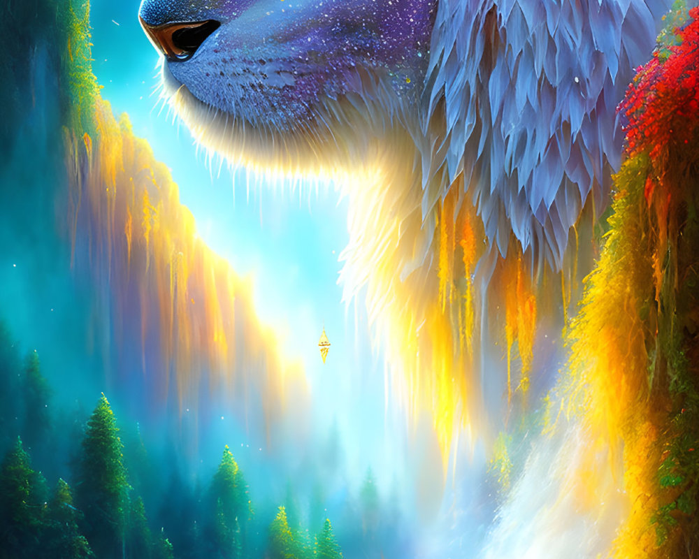 Cosmic lion with starry mane in mystical forest landscape