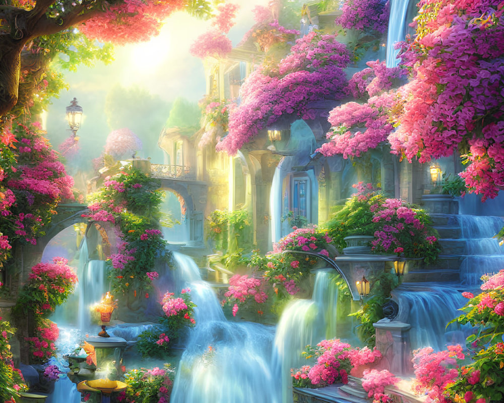 Whimsical garden with pink blossoms, waterfalls, stone steps & vintage lampposts